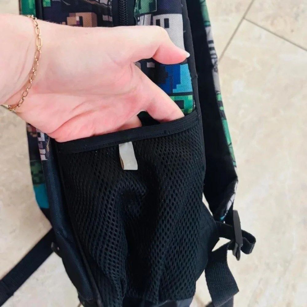 Minecraft Creeper Backpack Green Pixelated Face Gaming School Bag Mesh Pockets